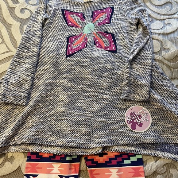 NWT Mallory May Girl's Long Sleeve Pant Set Navy Pink Flower Aztec Print Size 8 - Picture 10 of 10